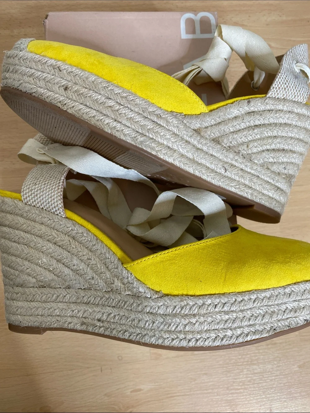 Lane Bryant Yellow Suede Espadrille Wedge Sandals with Cream Wraps
